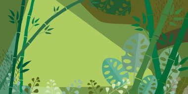 Şablon afişi, poster, tropikal tarzda el ilanı. Canavar yaprakları, bambu sapları, yazı için boş alan. Vektör resmi.