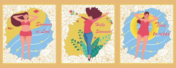 Set of three summer cards. Vector drawing with beautiful young girl, a little fat, in red bathing suit. Hello summer Template elements for design. — Stock vektor