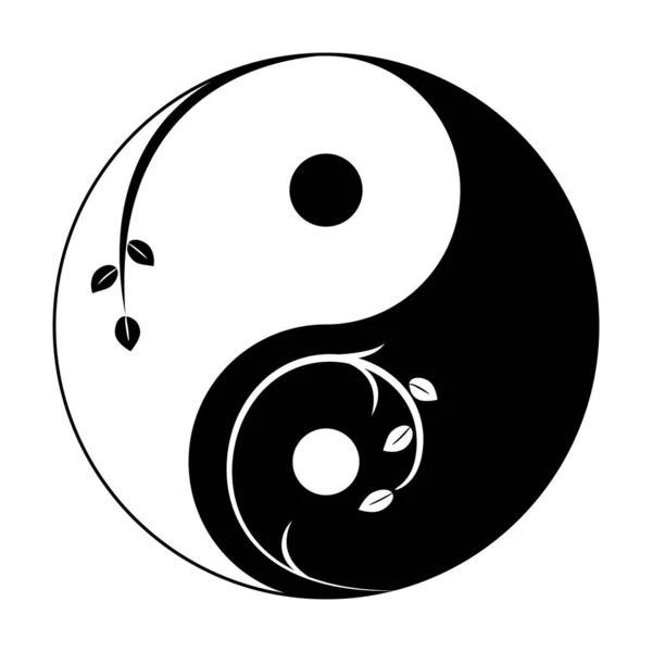 Dekoratif yin yang sembolü. Filiz ve yapraklı soyut yin-yang simgesi. Vektör illüstrasyonu.