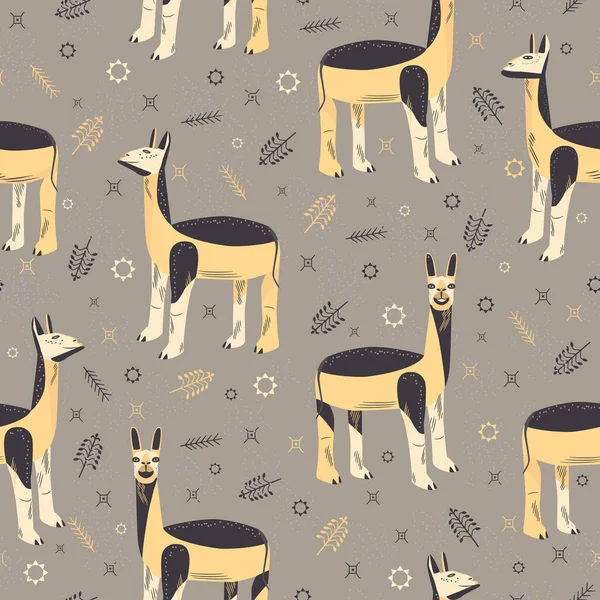 Seamless pattern with unusual lamas and ornament in native american style. Llamas with different facial expressions - proud, happy, stubborn, confident. Yellow black animals on gray background. Vector — Stock vektor