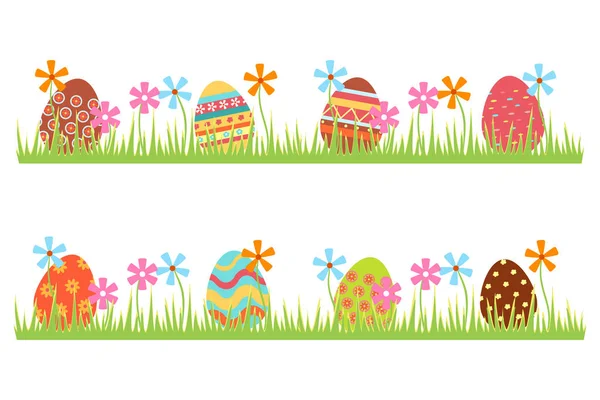 Ícones de ovos de Páscoa. Ovos coloridos jazem na grama com flores. Desenho de desenho animado plano. Conjunto grande com ovos com padrões diferentes. Páscoa modelo de criação ilustração. Vetor —  Vetores de Stock