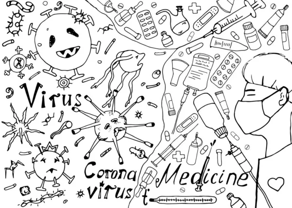 Ručně kreslená kresba s lékařem a léky. Konfrontace monstra mikrobů, virů a medicíny. Koncept boje proti čínskému koronaviru. Virová epidemie, populace v lékařské péči — Stockový vektor