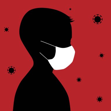 Tıbbi uyarı posteri. Enfeksiyon tehdidi. Beyaz tıbbi maskeli siyah çocuk silueti. Bakteriler, virüsler, koronavirüsler. Vektör çizimi. Çin 'de koronavirüs salgını