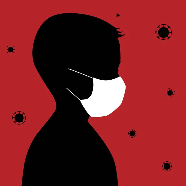 Plakát s lékařským varováním. Hrozba infekce. Černá silueta chlapce v bílé lékařské masce. Bakterie, viry, koronavirus. Vektorová ilustrace. Koronavirová epidemie v Číně — Stockový vektor