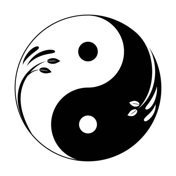 Dekoratif yin yang sembolü. Filiz ve yapraklı soyut yin-yang simgesi. Erkeksi ve kadınsı birlikteliğin sembolü. Vektör