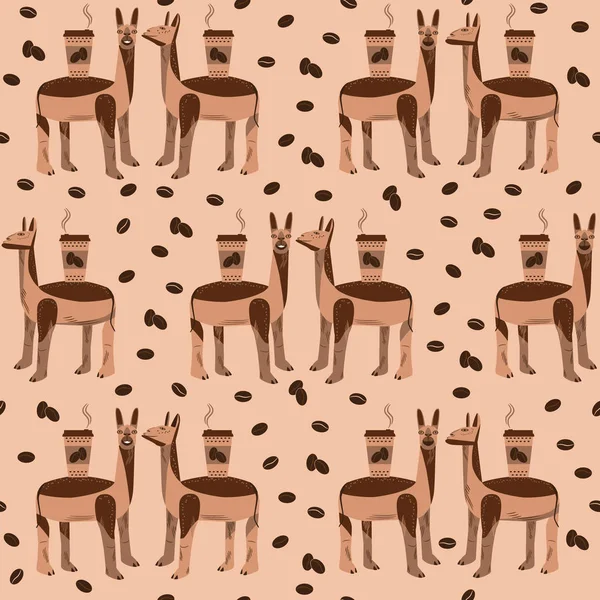 Seamless pattern with llamas and grains of coffee. Cartoon animals with satisfied facial expression hold cup of coffee on their backs. Coffee background. Set of cartoon animals.