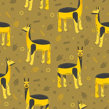 Alışılmadık lamalar ve Amerikan tarzı süslemelerle kusursuz bir desen. Farklı yüz ifadeleri olan lamalar. Gururlu, mutlu, inatçı, kendinden emin. Altın arka planda sarı-siyah hayvanlar