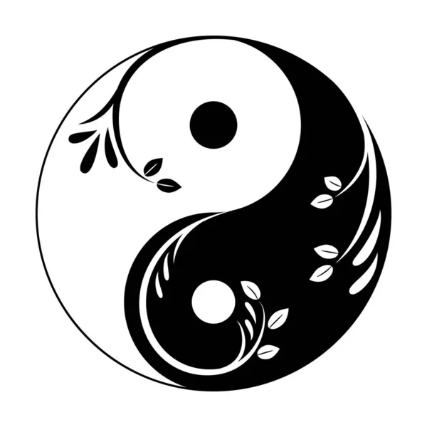 Dekoratif yin yang sembolü. Filiz ve yapraklı soyut yin-yang simgesi. Erkeksi ve kadınsı birlikteliğin sembolü. Vektör illüstrasyonu.