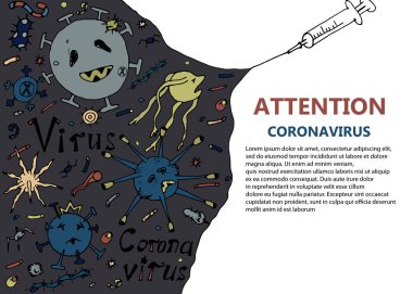 Renkli illüstrasyon, broşür, enfeksiyon tehlikesi hakkında uyarı. Bir elinde karikatür mikropları ve virüsler diğer elinde aşı olan şırıngalar. Propaganda tıbbi afişi. Coronavirüs