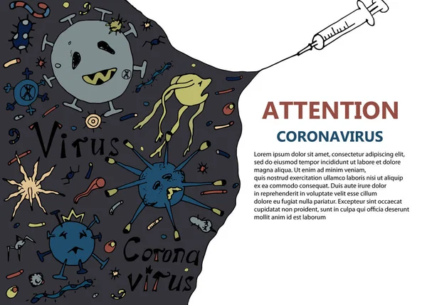 Renkli illüstrasyon, broşür, enfeksiyon tehlikesi hakkında uyarı. Bir elinde karikatür mikropları ve virüsler diğer elinde aşı olan şırıngalar. Propaganda tıbbi afişi. Coronavirüs