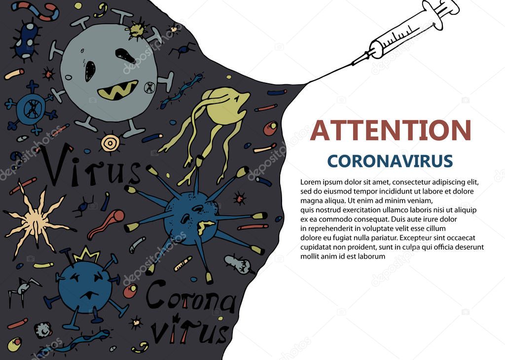 Color illustration, leaflet, warning about the danger of infection. Caricature microbes and viruses on the one hand, and syringe with vaccine on the other. Propaganda medical poster. Coronavirus