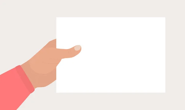 Hand in red shirt holds rectangular blank sheet of paper. Hand holding template of letter, ticket, invitation, flyer, postcard, certificate, list. Vector flat cartoon illustration
