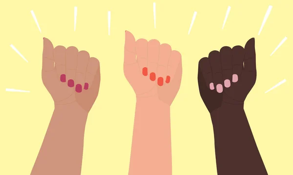 Drie vrouwelijke handen van verschillende huidskleuren worden opgeheven. Platte cartoon vector illustratie geïsoleerd op gele achtergrond. Symbool van gelijkheid van vrouwen, multiculturele vriendschap, teamwork, overwinning — Stockvector