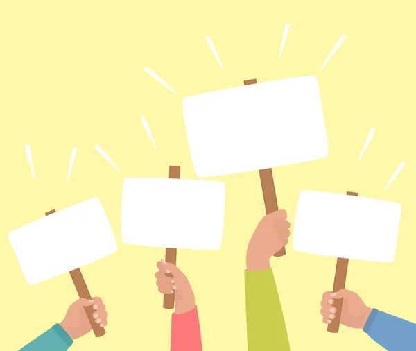 Hands in colored shirts holding banners. Concept of voting, protest, rally. Demonstration, crowd of people with blank placards. Vector flat cartoon illustration of hands raised up