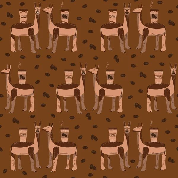 Seamless pattern with cartoon llamas and coffee grains. Brown background. Funny animals hold paper cups of coffee on their backs. Vector illustration