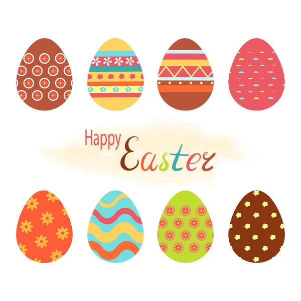 Velikonoční Ikony Sada Barevných Malovaných Vajec Roztomilá Kresba Plochém Kresleném — Stockový vektor