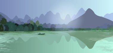 Dağları, ormanı, nehri ve gölü olan panoramik bir manzara. Suda küçük bir tekne ve silueti olan bir adam. Poster, reklam panosu, vektör illüstrasyonu.