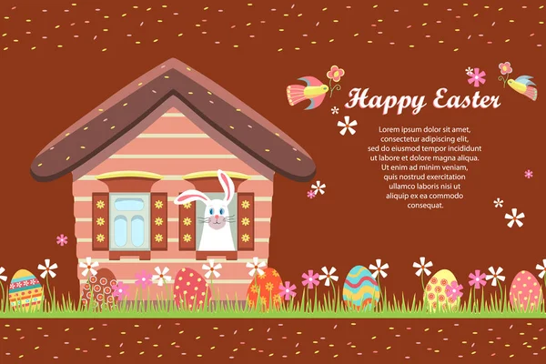 Veselé Velikonoce Sváteční Pozvánka Pohádkový Dům Velikonoční Zajíček Vykukuje Okna — Stockový vektor