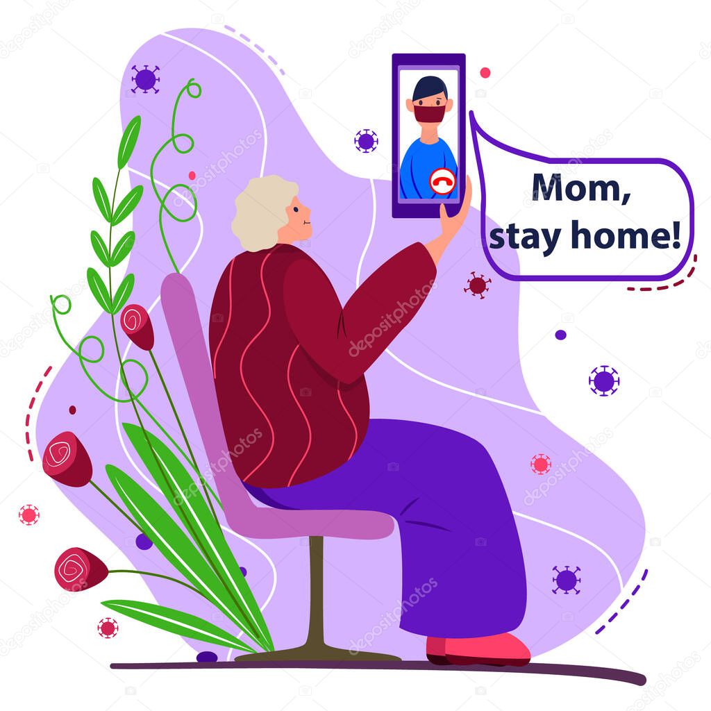 Stay at home. Son warns an elderly mother. Aged woman sits on bench outdoors. Coronavirus bacteria fly around. Sick man in mask on the phone screen. Poster, banner call for self isolation, quarantine