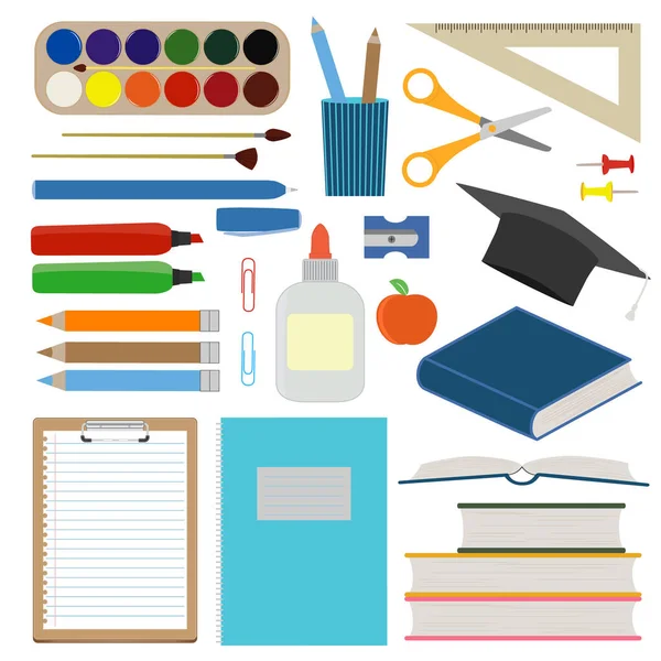 Large Set School Supplies Back School Vector Flat Illustration Collection — Stock Vector