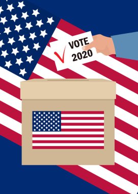 ABD seçimlerinde oy kullanmak için bir oy sandığı. Ceketli bir el, oy sandığına bir zarf koyar. Kağıt işaretli ve 2020 'ye oy verin. Amerikan bayrağıyla vatansever bir geçmişi var. Cumhurbaşkanlığı seçim günü
