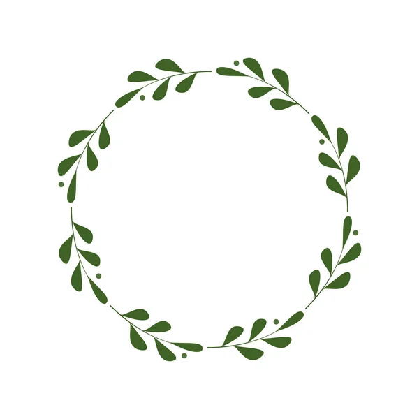 Yapraklı ve meyveli yeşil dallardan oluşan yuvarlak bir çerçeve. Logo, davetiye ve selamlama için tasarım şablonu. Lakonik stil çelengi. Minimalist sınır. Yaprak döken çelenk. Stok vektör illüstrasyonu