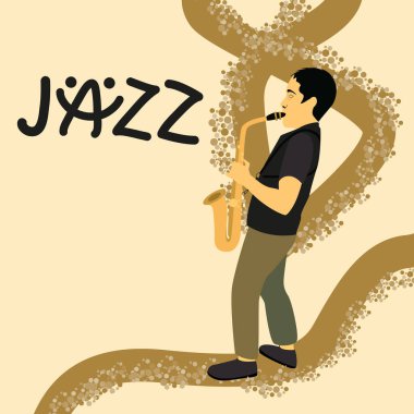 Jazz müzik festivali, konser ve performans için poster, broşür. Saksafoncunun saksafon çaldığı reklam arka planı ve metin için yer. Siyah el, caz kelimesinin harflerini çizmiş..