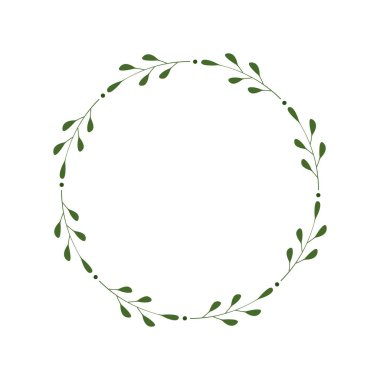 Yapraklı ve noktalı yeşil dallardan oluşan yuvarlak çerçeve. Logo, davetiye ve selamlama için tasarım şablonu. Lakonik stil çelengi. Minimalist sınır. Yaprak döken çelenk. Vektör düz resimleme