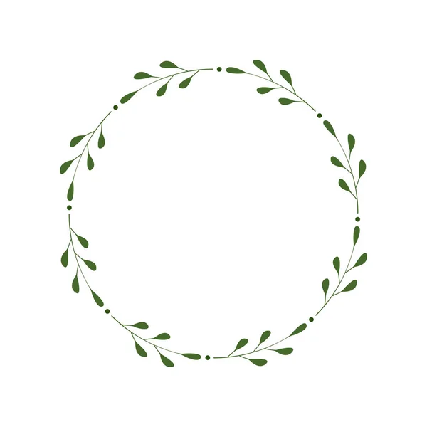 有叶点的绿色小枝的圆形框架 设计标识 邀请函 问候语模板 乳白色时髦的花环 最低限度的边界落叶花环 矢量平面插图 — 图库矢量图片