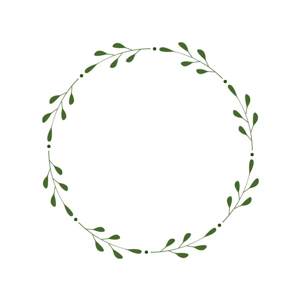 Yapraklı ve noktalı yeşil dallardan oluşan yuvarlak çerçeve. Logo, davetiye ve selamlama için tasarım şablonu. Lakonik stil çelengi. Minimalist sınır. Yaprak döken çelenk. Vektör düz resimleme