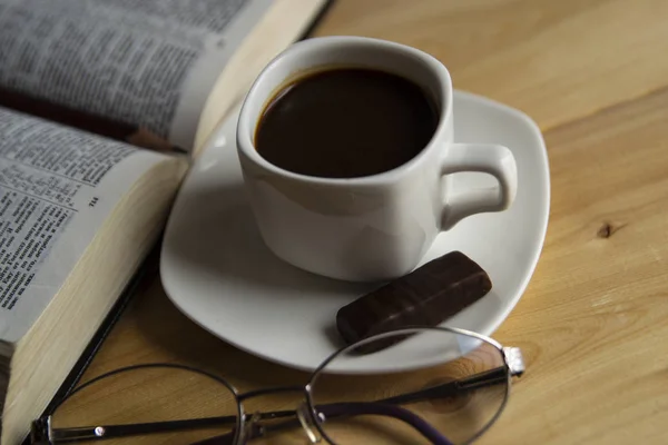 Good Morning Cup Coffee Warm Background Open Bible Glasses — Stock Photo, Image