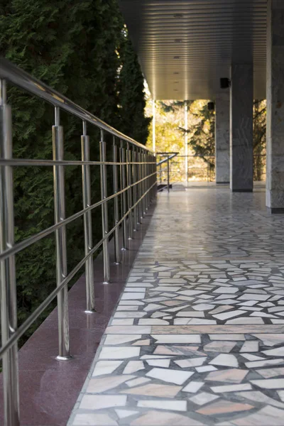 Merdivenli granit teras. Parlak demir parmaklıklar. Bir sıra ağaç. Şehir