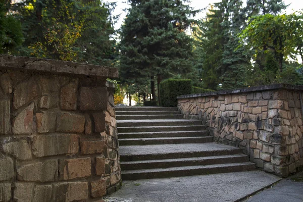 Merdivenlerden yukarı. Taş basamaklar. Merdivenler boyunca bir duvar. Park, şehir