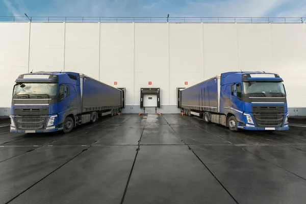 Blue Truck Blue Trailer Unloading Warehouse Warehouse Complex Asphalt Pad — 스톡 사진