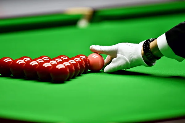 Snooker domaren att arrangera rosa bollen — Stockfoto