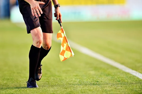 Soccer referee with flag on the sideline — Stock Photo, Image