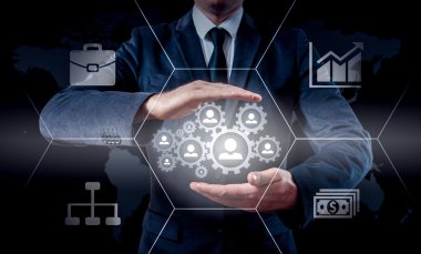 İşadamı simgesi ağ - Hr, İKY, Mlm, takım çalışması ve liderlik kavramı taşıyan el