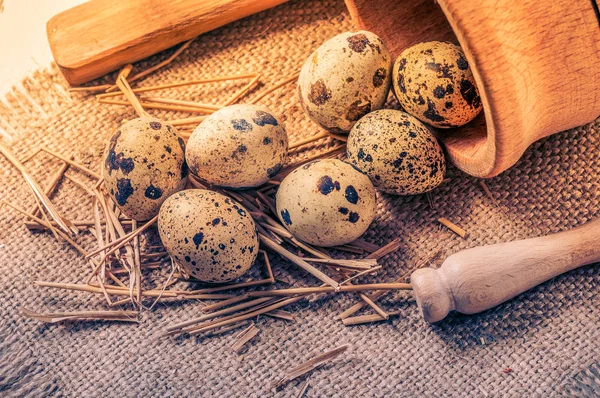 Raw quail eggs in a wooden bowl on burlap background — Stock Photo, Image