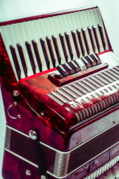 Аккордеон с красным музыкальным инструментом, белый фон — стоковое фото