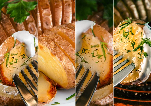 Collage de plats de pommes de terre avec légumes verts et sauce . — Photo