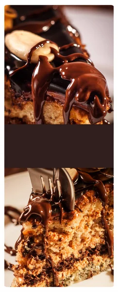 Homemade chocolate cake with walnut and poppy seeds. Collage — Stock Photo, Image