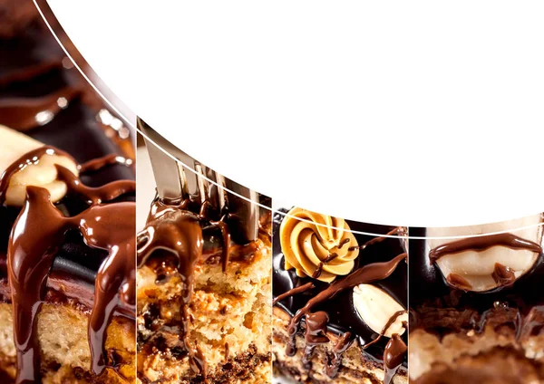 Hausgemachter Schokoladenkuchen mit Walnüssen und Mohn. Collage — Stockfoto