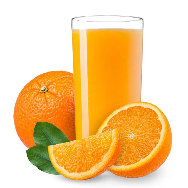 Isolated drink. Slices of orange fruit and glass of juice isolated on white with clipping path — Stock Photo, Image