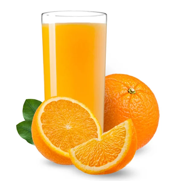 Isolated drink. Slices of orange fruit and glass of juice isolated on white with clipping path — Stock Photo, Image