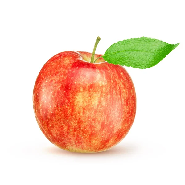 Красно-желтое яблоко с зеленым листом на белом фоне — стоковое фото