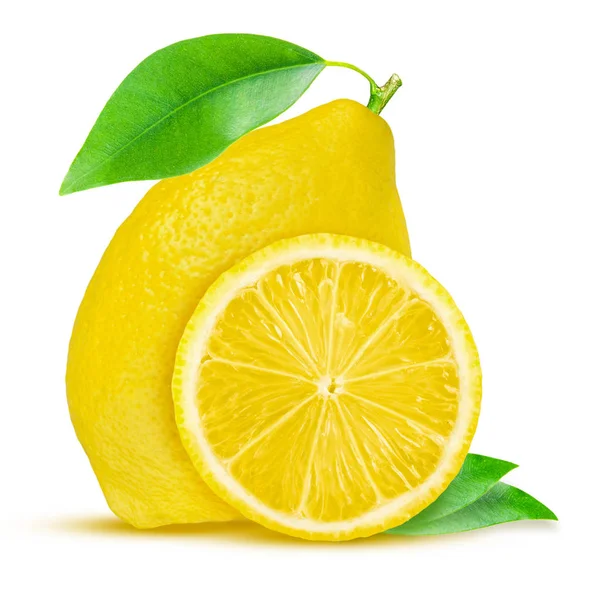 Limão. Fruta com metade e folhas isoladas em branco — Fotografia de Stock