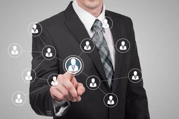 Human Resources bedrijfsconcept. Zakenman persen hr pictogram op virtueel scherm — Stockfoto