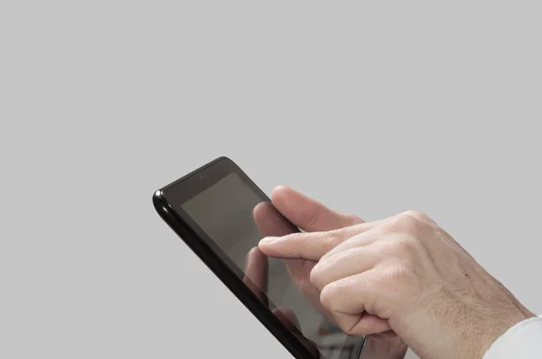 Man hands holding and point on modern electronic digital frame with blank screen — Stock Photo, Image