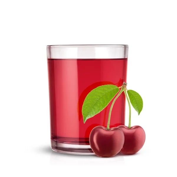 Стакан вишневого сока и две вишни на белом фоне — стоковое фото