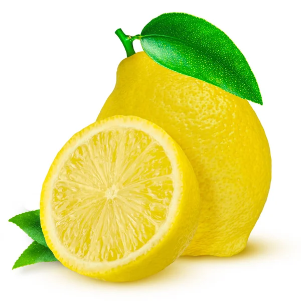 Citron. Fruits à moitié et feuilles isolées sur blanc — Photo